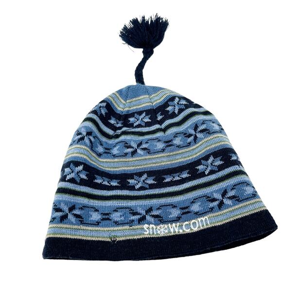 Smartwool Kids 100% Merino Wool Fair Isle Striped Pom Snow Beanie Hat OS Blue - Picture 1 of 6